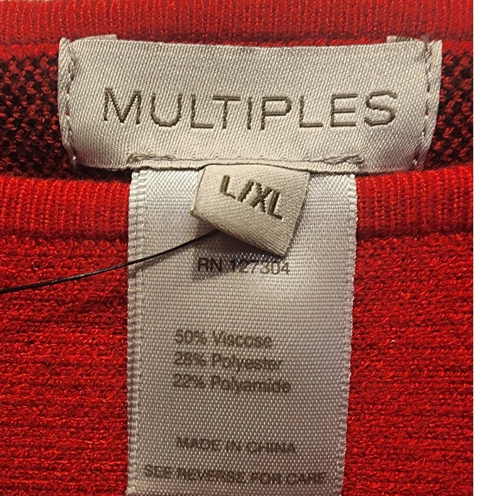 Multiples Women's L/XL Red Black Striped Fringed Poncho Cape Sweater‎ Top New